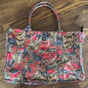 PurseN red elephant/paisley print clear plastic over fabric multi-pocket tote